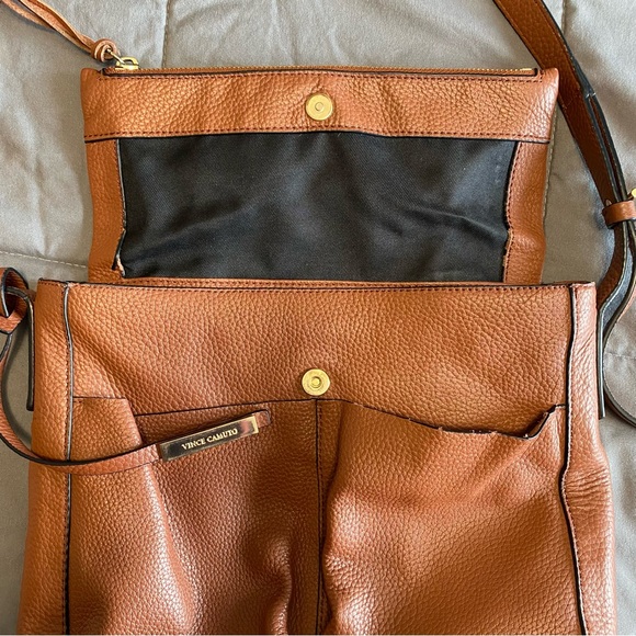 Vince Camuto Leather Foldover Purse Pine Cone Brown Snap Pocket Adjustable Strap - Picture 5 of 16